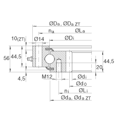 四點接觸球軸承 VSI200944-N, 標準系列 20， 內部的齒輪齒，兩側唇密封