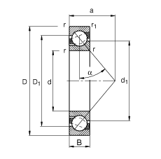 角接觸球軸承 7301-B-JP, 根據(jù) DIN 628-1 標(biāo)準(zhǔn)的主要尺寸，接觸角 α = 40°