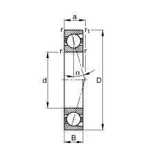 主軸軸承 B7203-C-T-P4S, 調節，成對安裝，接觸角 α = 15°，限制公差