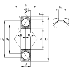 四點接觸球軸承 QJ228-N2-MPA, 根據(jù) DIN 628-4 的主要尺寸， 可以拆卸，剖分內(nèi)圈，帶兩個止動槽