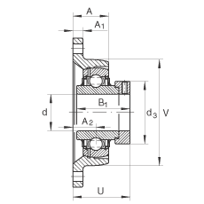 軸承座單元 LCJT45, 帶兩個螺栓孔的法蘭的軸承座單元，鑄鐵， 偏心鎖圈， L型密封，適合溫度從 -40°C 到 +180°C