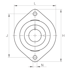 軸承座單元 FLCTEY20, 帶兩個(gè)螺栓孔的法蘭的軸承座單元，鑄鐵， 內(nèi)圈帶平頭螺釘， P 型密封，無(wú)再潤(rùn)滑結(jié)構(gòu)