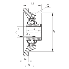 軸承座單元 RCJY25-JIS, 帶四個螺栓孔的法蘭的軸承座單元，鑄鐵， 根據 JIS 標準，內圈帶平頭螺釘， R 型密封