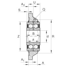 軸承座單元 PCCJ25, 帶四個螺栓孔的法蘭的軸承座單元，鑄鐵，雙列角接觸球軸承，P 型密封
