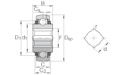 外球面球軸承 VK100-208-KTT-B-AH10, 球面外圈，帶方孔內(nèi)圈，兩側(cè) T 型密封