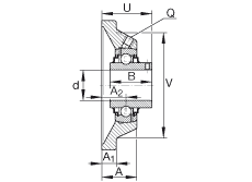 軸承座單元 RCJY1-1/8, 四角法蘭軸承座單元，鑄鐵，根據(jù) ABMA 15 - 1991, ABMA 14 - 1991 內(nèi)圈帶有平頭螺栓，R型密封， ISO3228，英制